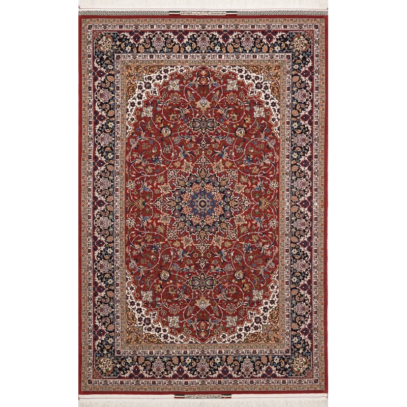 "Handwoven Isfahan rug by Master Bagher Seirafian with red, navy, and cream tones."