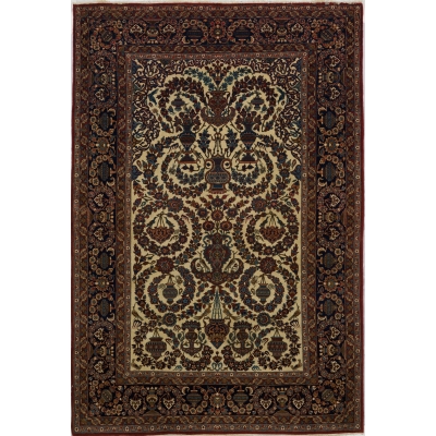 Size: 210 x 142 cm (approximately 6.9 x 4.7 feet) Thickness: Approximately 6 mm Knot Density: 1,210,000 knots/m² Manufacturing: Hand-knotted with exceptional attention to detail Warp: Pure Silk Pile: Wool + Silk (Natural Dye) Age: 75 years old, best condition Origin: Isfahan, Iran Weight: 8 kg Weaver: Unknown (crafted with unmatched expertise)