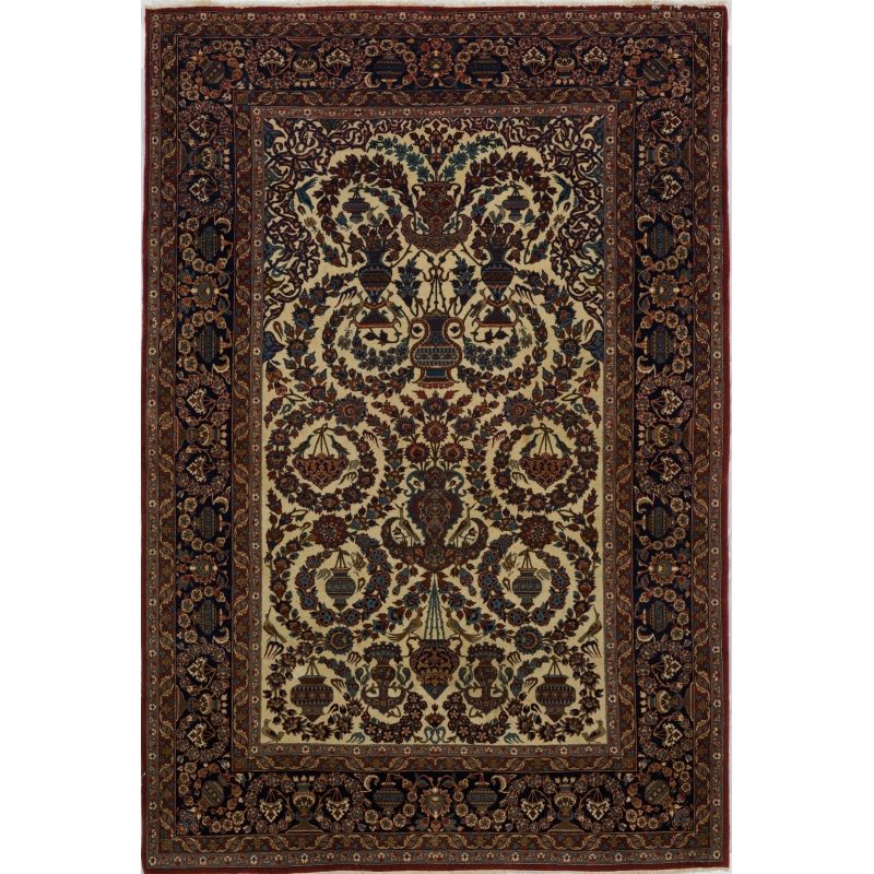 Size: 210 x 142 cm (approximately 6.9 x 4.7 feet) Thickness: Approximately 6 mm Knot Density: 1,210,000 knots/m² Manufacturing: Hand-knotted with exceptional attention to detail Warp: Pure Silk Pile: Wool + Silk (Natural Dye) Age: 75 years old, best condition Origin: Isfahan, Iran Weight: 8 kg Weaver: Unknown (crafted with unmatched expertise)