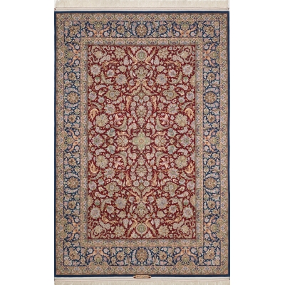 Hand-knotted red and blue Persian rug with intricate floral design