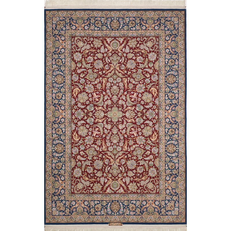 Hand-knotted red and blue Persian rug with intricate floral design