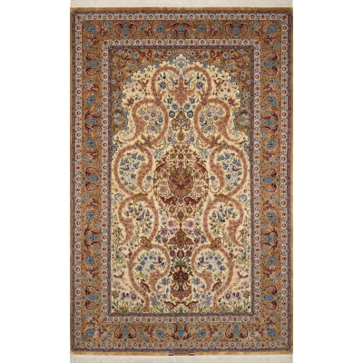 Dardashtie Golden Silk Rug featuring a prominent central medallion pattern