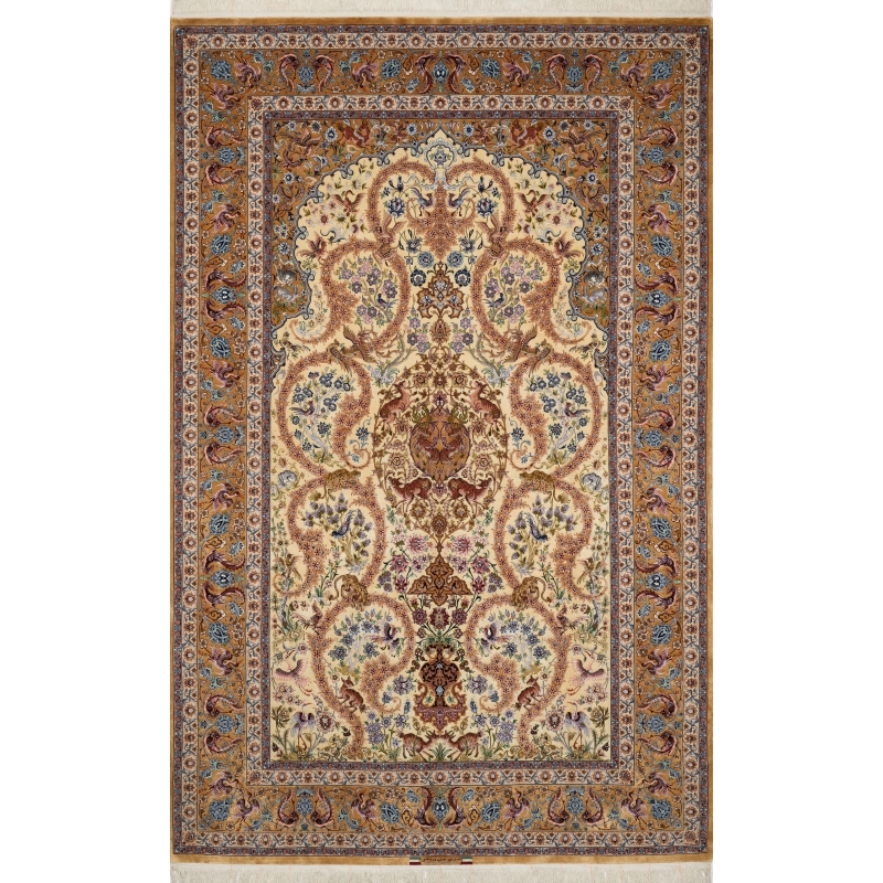 Dardashtie Golden Silk Rug featuring a prominent central medallion pattern