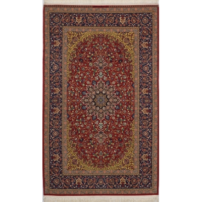 "Elegant hand-knotted Isfahan rug by Master N. Haghighie, crafted with silk and wool in a classic 8x10 size, showcasing intricate Persian design."