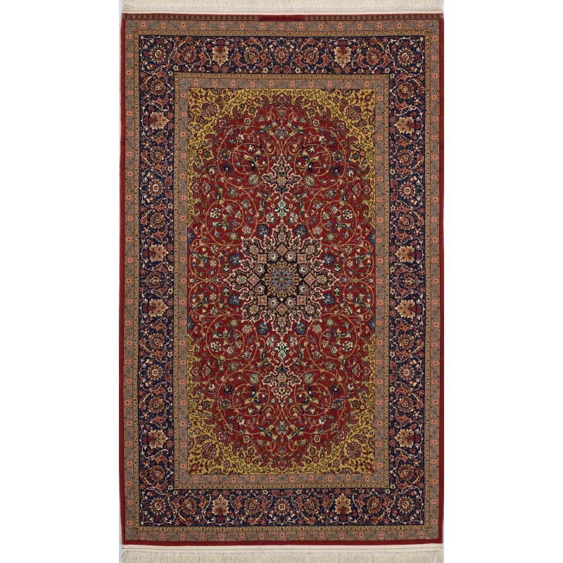 "Elegant hand-knotted Isfahan rug by Master N. Haghighie, crafted with silk and wool in a classic 8x10 size, showcasing intricate Persian design."