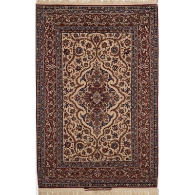 Classic antique rug featuring a sophisticated design in red, blue, and white, untouched for half a century