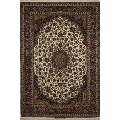 "Handwoven Isfahan rug by Master Hamid Seirafian, featuring intricate floral patterns on an ivory background."