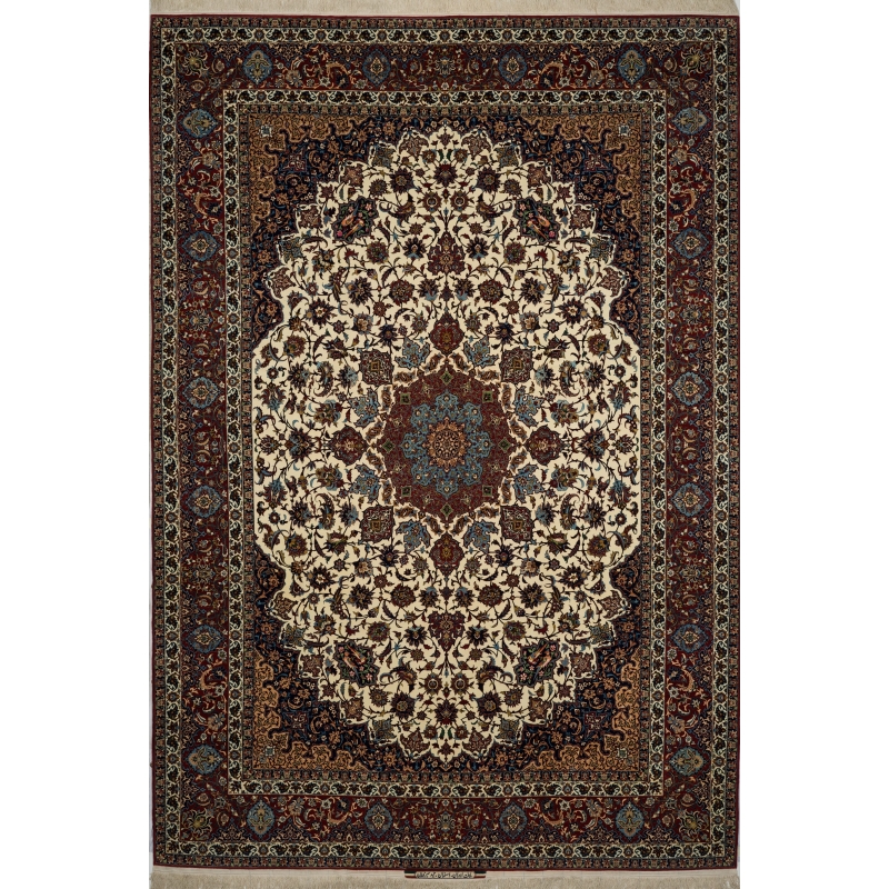 "Handwoven Isfahan rug by Master Hamid Seirafian, featuring intricate floral patterns on an ivory background."