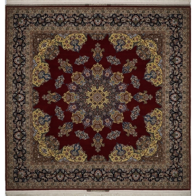 "Hand-knotted Isfahan rug by Master Bagher Seirafian with crimson red field and yellow medallion."