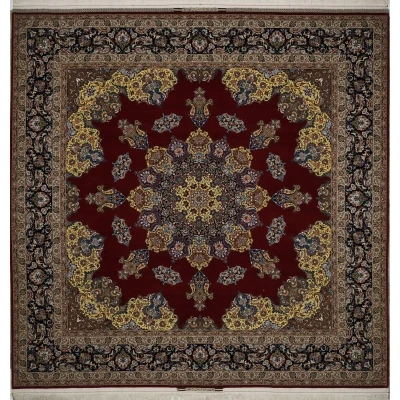 "Hand-knotted Isfahan rug by Master Bagher Seirafian with crimson red field and yellow medallion."