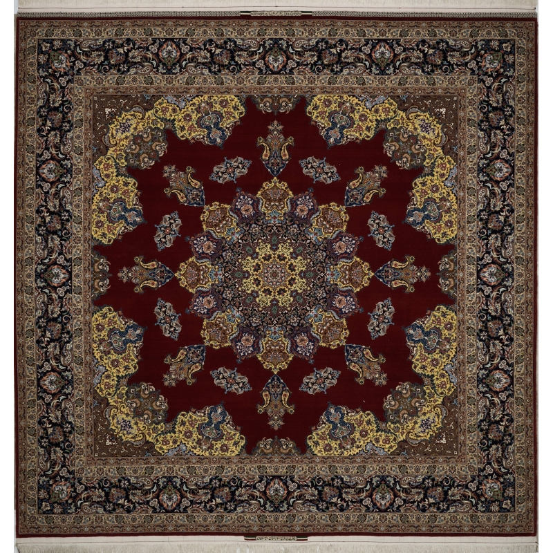 "Hand-knotted Isfahan rug by Master Bagher Seirafian with crimson red field and yellow medallion."