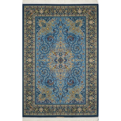 Persian blue rug with central medallion design and silk highlights