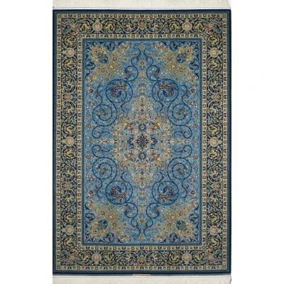 Persian blue rug with central medallion design and silk highlights