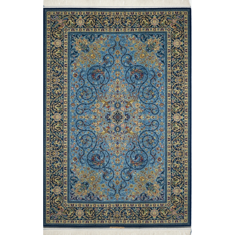 Persian blue rug with central medallion design and silk highlights
