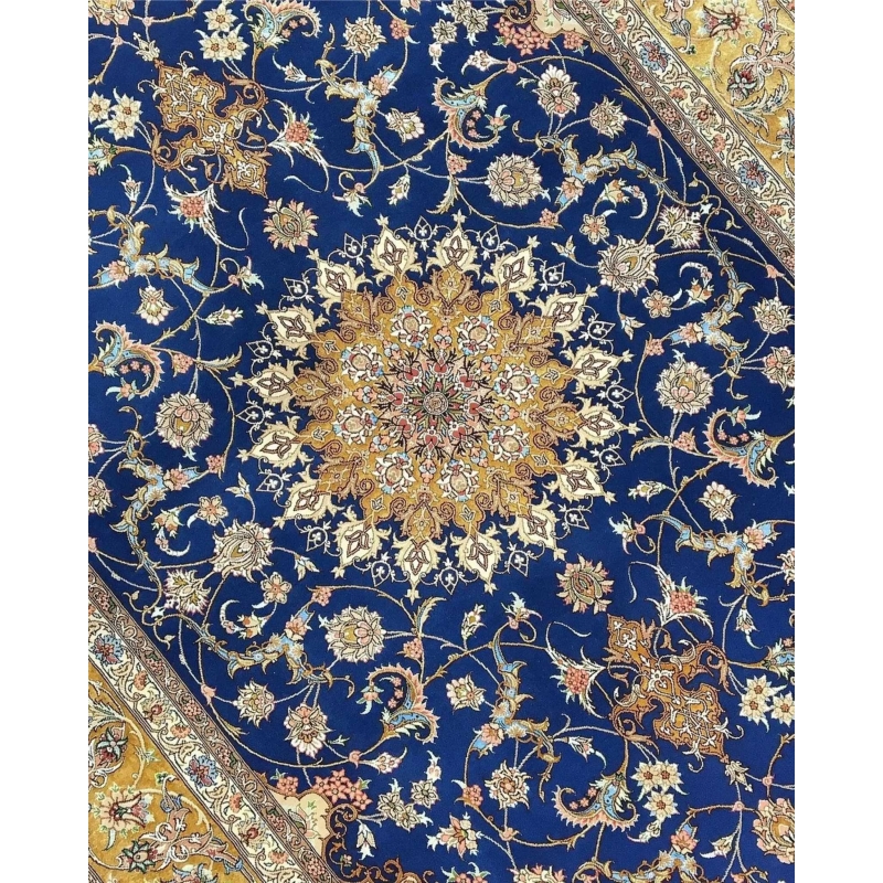 "Traditional Persian rug with intricate floral vine patterns and a striking golden medallion centerpiece."