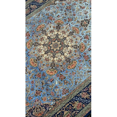 Luxurious blue Iranian carpet with detailed medallion and floral motifs