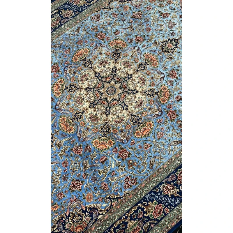 Luxurious blue Iranian carpet with detailed medallion and floral motifs