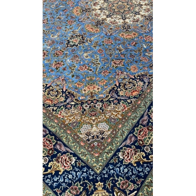 Handcrafted Iranian carpet with blue and floral patterns, 220x150 cm