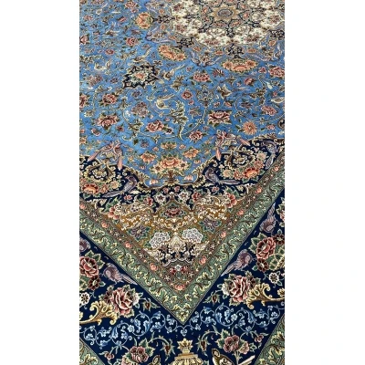 Handcrafted Iranian carpet with blue and floral patterns, 220x150 cm