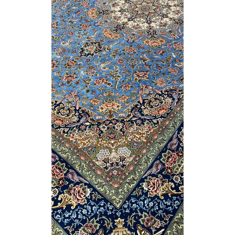 Handcrafted Iranian carpet with blue and floral patterns, 220x150 cm