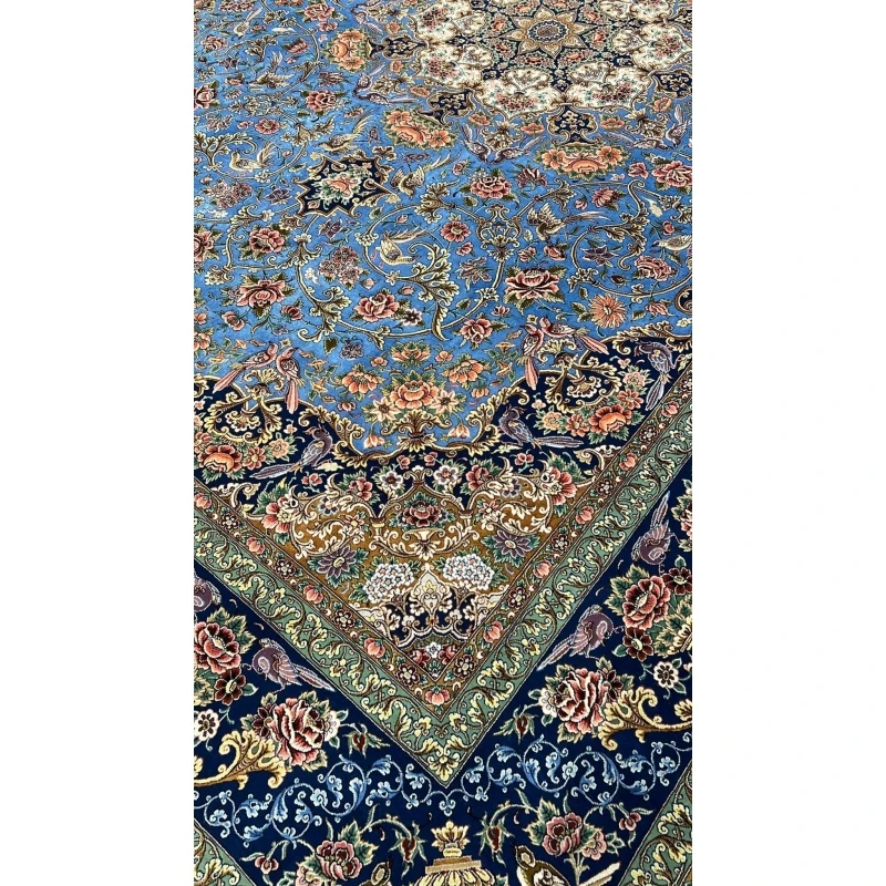 Handcrafted Iranian carpet with blue and floral patterns, 220x150 cm