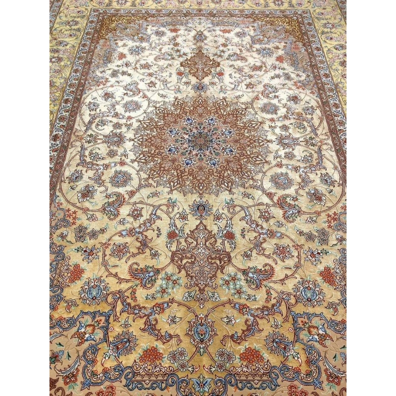 "Luxury Persian carpet featuring an intricate gold and ivory pattern, perfect for elegant interiors and collectors."
