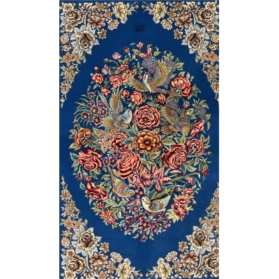 "Luxury Persian carpet with intricate floral and bird motifs, handwoven with fine wool and silk for durability and elegance."