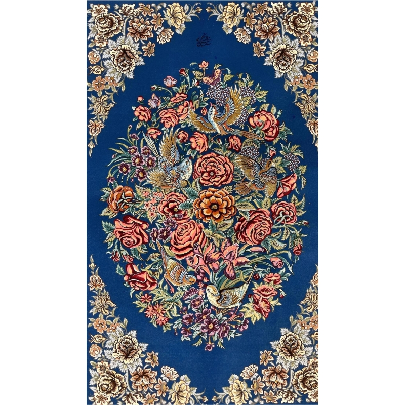 "Luxury Persian carpet with intricate floral and bird motifs, handwoven with fine wool and silk for durability and elegance."
