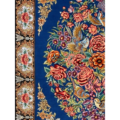 "Authentic Isfahan silk Persian rug with black floral border, golden roses, and a detailed bird and flower pattern."
