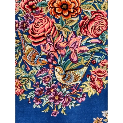 "Small Persian silk rug for wall hanging or accent décor, showcasing a traditional floral bouquet and bird design."