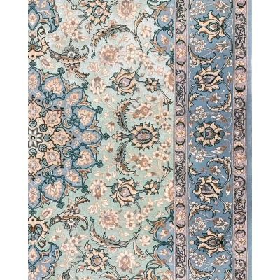"Elegant wool and silk Persian rug featuring delicate floral arabesque patterns and a timeless Isfahan design."