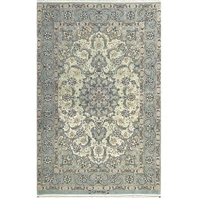 "Handmade Isfahan Persian rug with intricate floral medallion, crafted from fine silk and wool in soft blue and ivory."