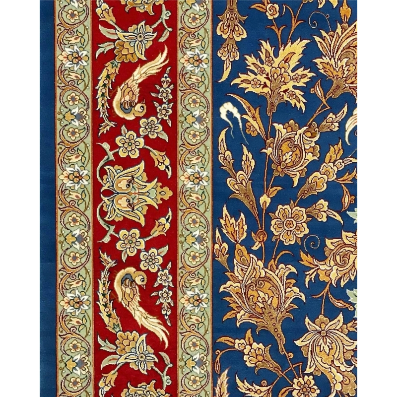 "Authentic Persian carpet from Isfahan, Iran, crafted with silk and wool, showcasing intricate animal and floral motifs."