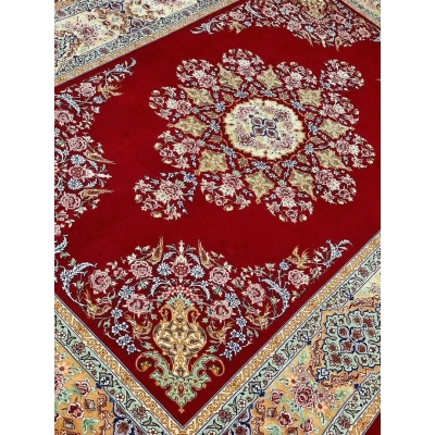 "Luxury Persian carpet featuring intricate silk highlights, traditional floral patterns, and a fine wool-silk blend."