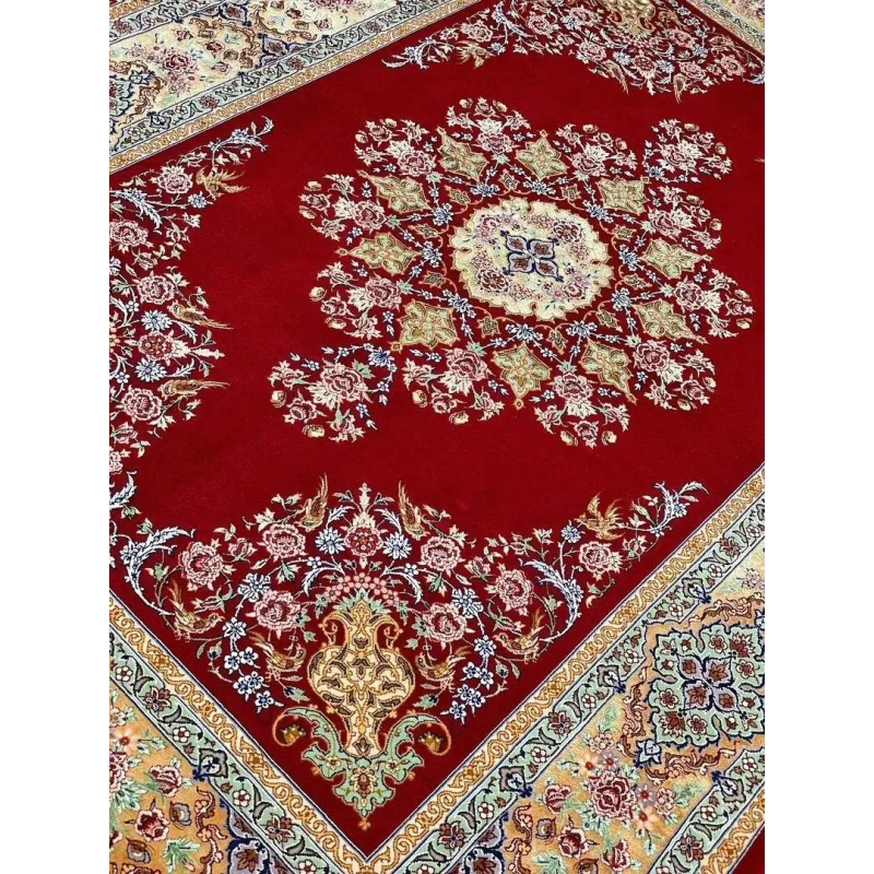 "Luxury Persian carpet featuring intricate silk highlights, traditional floral patterns, and a fine wool-silk blend."