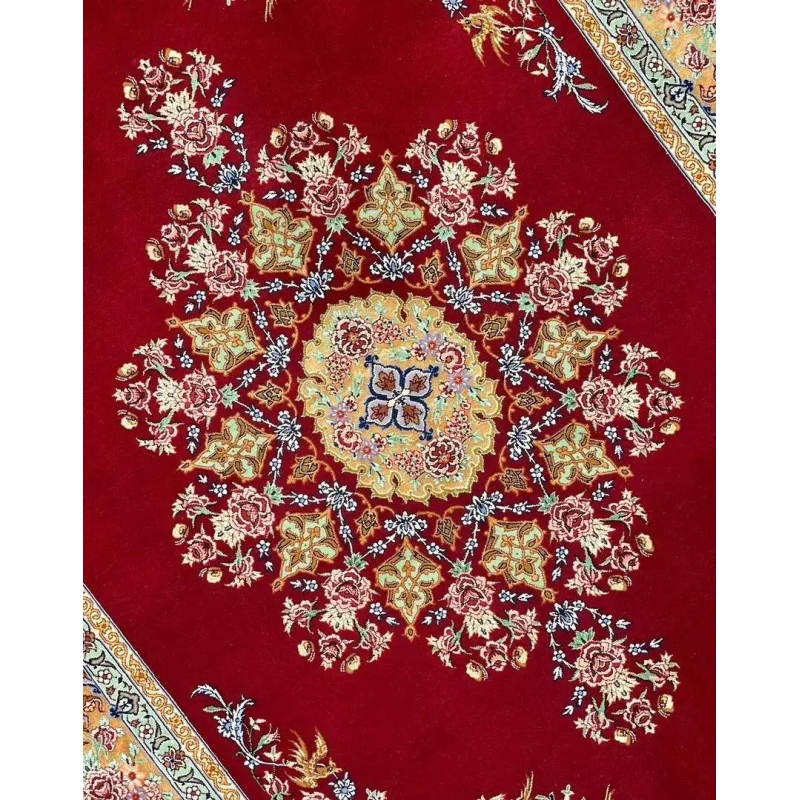 "Elegant Persian Isfahan rug with a rich red background, exquisite craftsmanship, and 840,000 knots per m²."