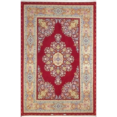 "Hand-knotted Isfahan Persian rug by Master Hassan Dardashtie with a deep red and gold floral medallion design."