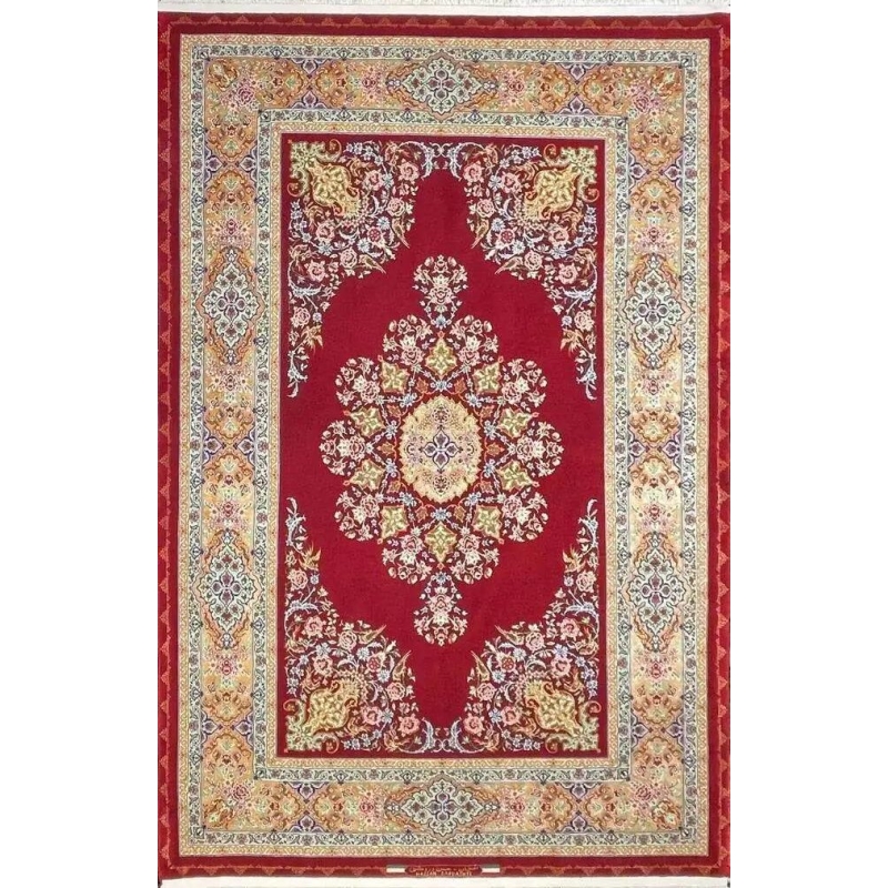 "Hand-knotted Isfahan Persian rug by Master Hassan Dardashtie with a deep red and gold floral medallion design."