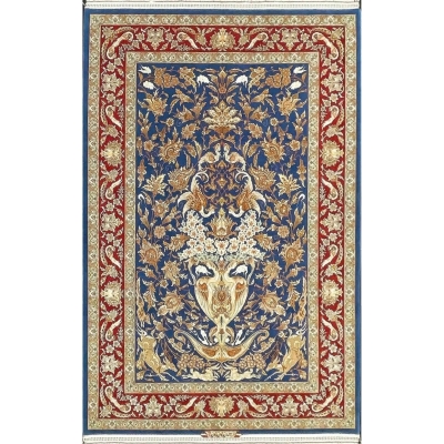 "Luxury hand-knotted Isfahan Persian rug with a floral vase design, featuring birds and deer on a navy blue background."