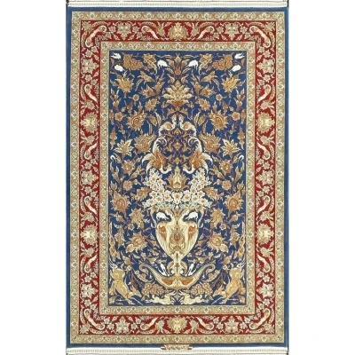 "Luxury hand-knotted Isfahan Persian rug with a floral vase design, featuring birds and deer on a navy blue background."