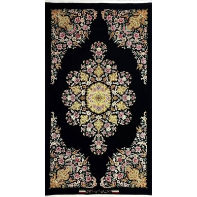 "Beautiful Persian rug with intricate floral motifs on a black background."
