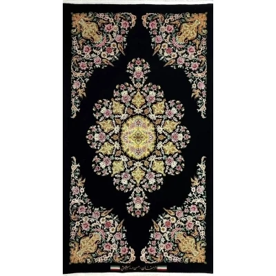 "Beautiful Persian rug with intricate floral motifs on a black background."
