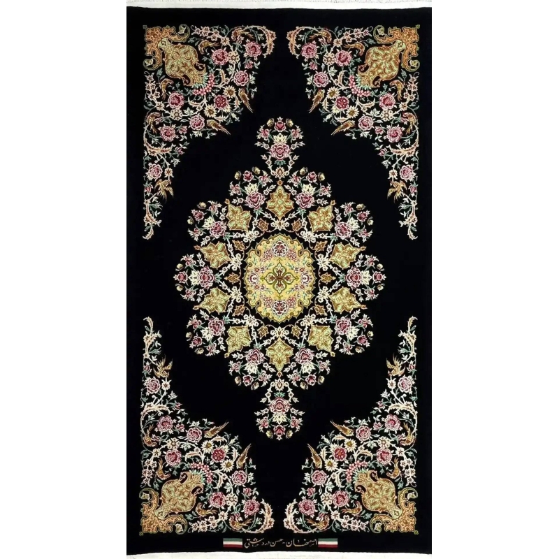 "Beautiful Persian rug with intricate floral motifs on a black background."