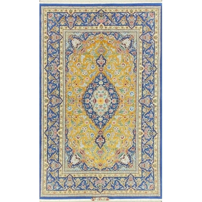 "Authentic Persian rug in yellow and blue, hand-knotted in Isfahan by Akhtarian"
