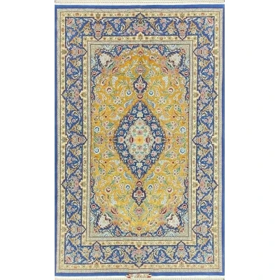 "Authentic Persian rug in yellow and blue, hand-knotted in Isfahan by Akhtarian"

