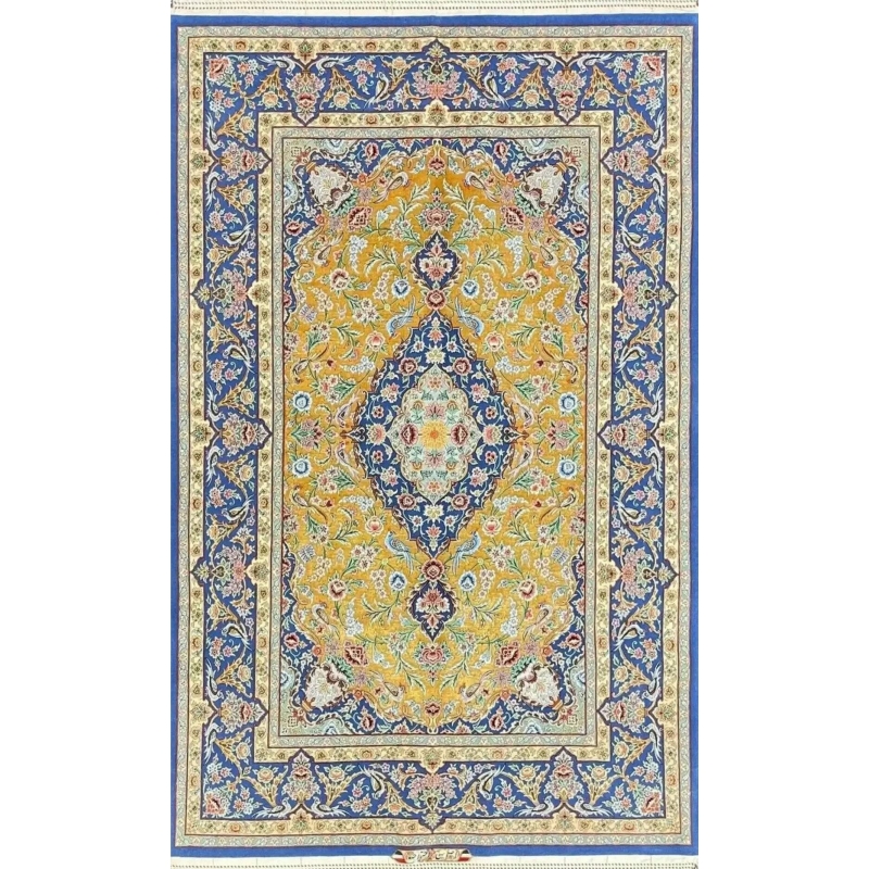 "Authentic Persian rug in yellow and blue, hand-knotted in Isfahan by Akhtarian"