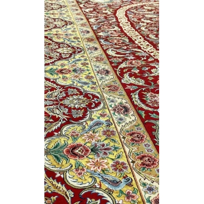 "Hand-knotted Persian rug by Akhtarian, featuring a 1,000,000 knot density, crafted with wool and silk flowers in Isfahan, Iran."