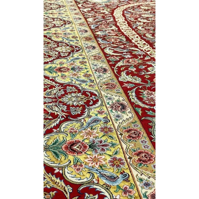 "Hand-knotted Persian rug by Akhtarian, featuring a 1,000,000 knot density, crafted with wool and silk flowers in Isfahan, Iran."