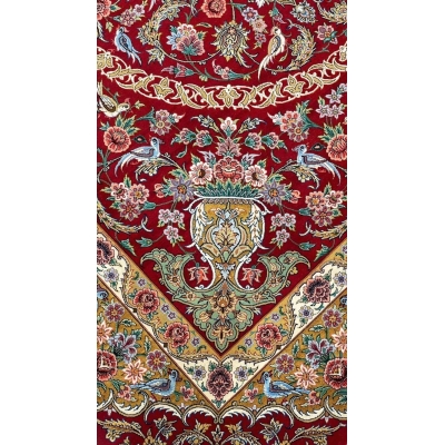 "Persian rug with intricate floral designs, 240 cm x 160 cm, handwoven with wool and silk flowers, showcasing exceptional craftsmanship."