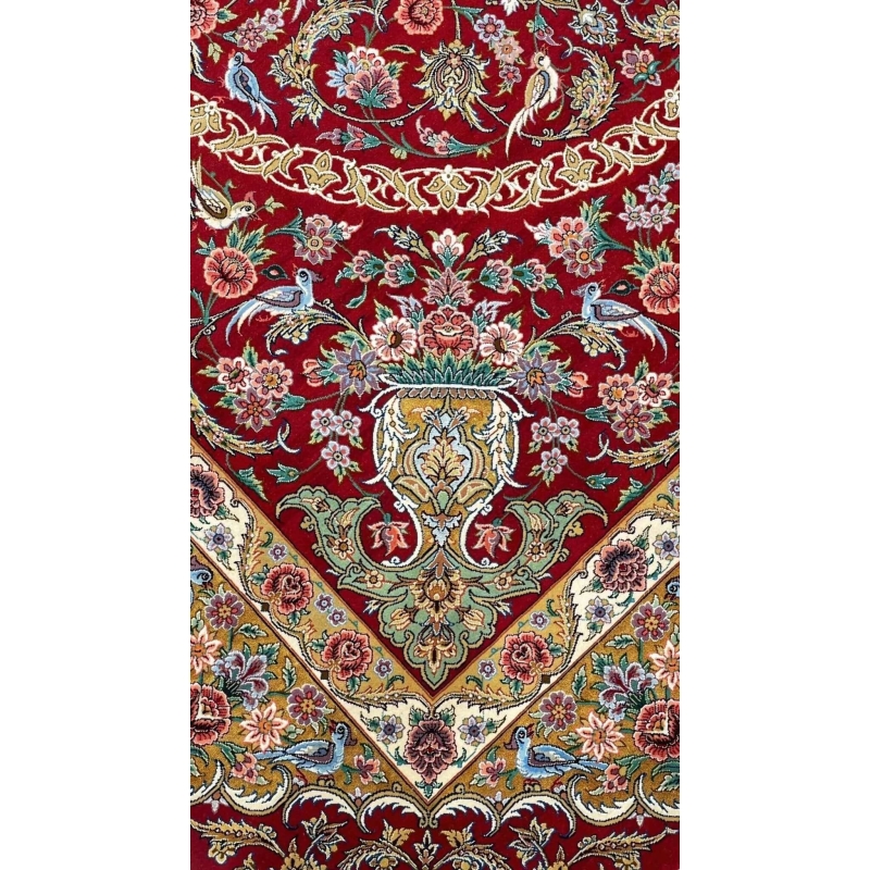 "Persian rug with intricate floral designs, 240 cm x 160 cm, handwoven with wool and silk flowers, showcasing exceptional craftsmanship."